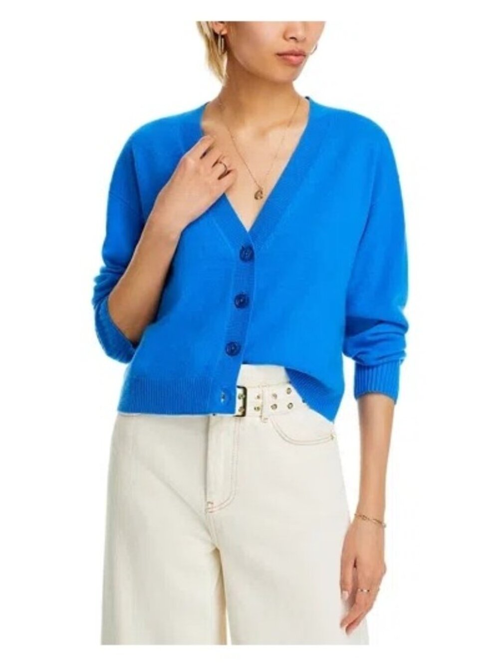 AQUA Cashmere V Neck Cardigan Sweater in Bright Blue Size XS